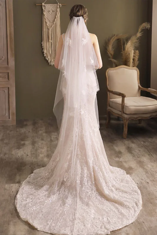 Two-tier Cut Edge Tulle Tea Veils with Appliques CV0295 Stylish Tulle Dress