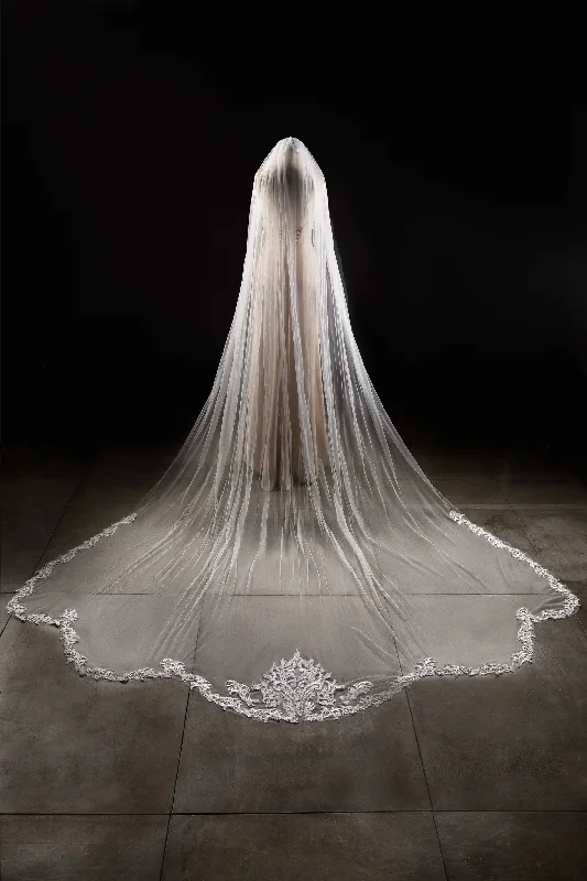 One-tier Lace Edge Tulle Lace Cathedral Veils with Appliques CV0287 Tulle Dress Set