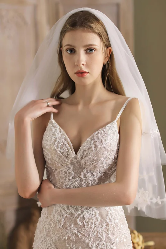 Two-tier Cut Edge Tulle Waist Veils Appliques Beading CV0263 Tulle Wedding Dress
