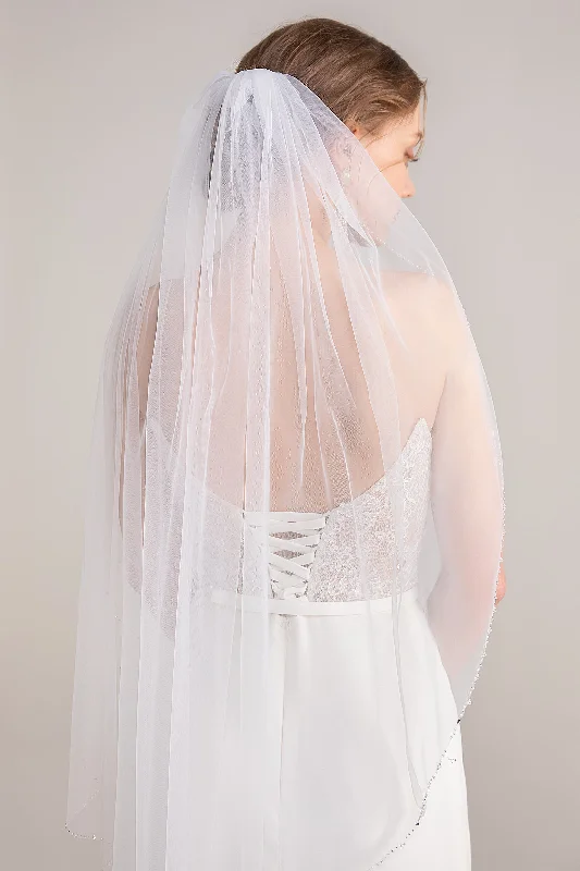 One-tier Beaded Edge Tulle Hip Veils with Beading CV0248 Blue Tulle Dress