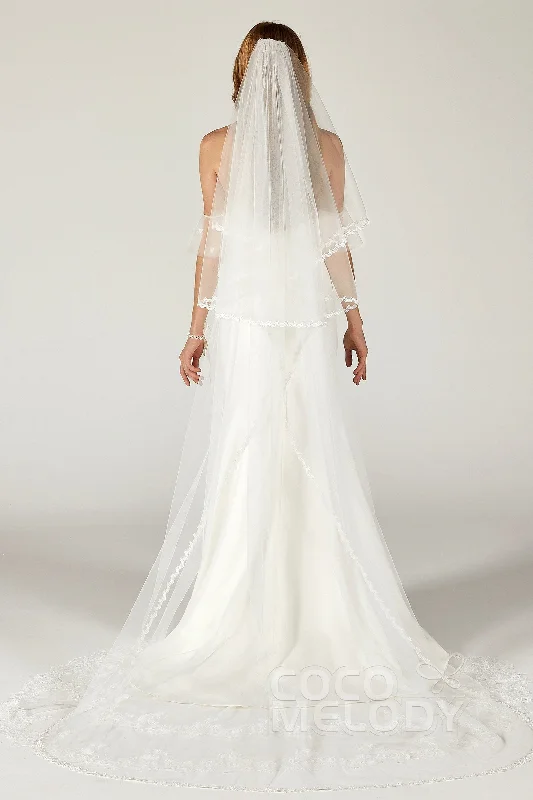 Two-tier Lace Edge Tulle Chapel Veils with Appliques CV0210 Soft Layered Tulle