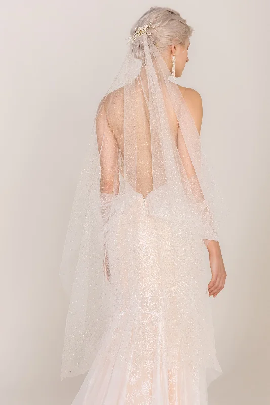 One-tier Cut Edge Tulle Fingertip Veils with Beading CV0255 Soft Layered Tulle