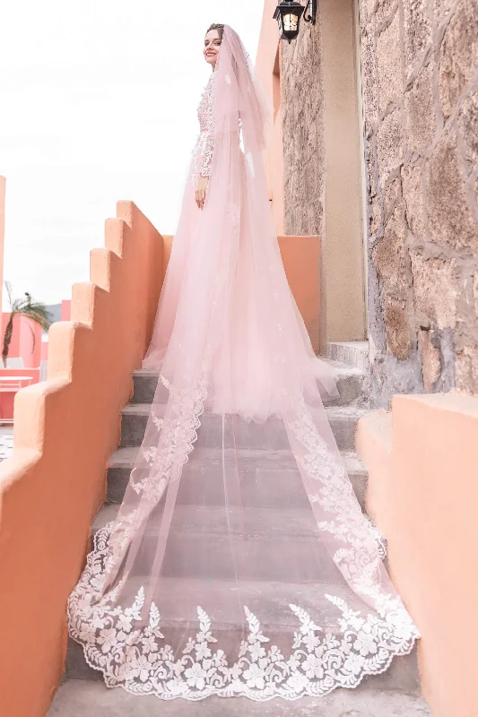 Two-tier Lace Edge Tulle Cathedral Veils with Appliques CV0228 Floor-length Tulle Dress