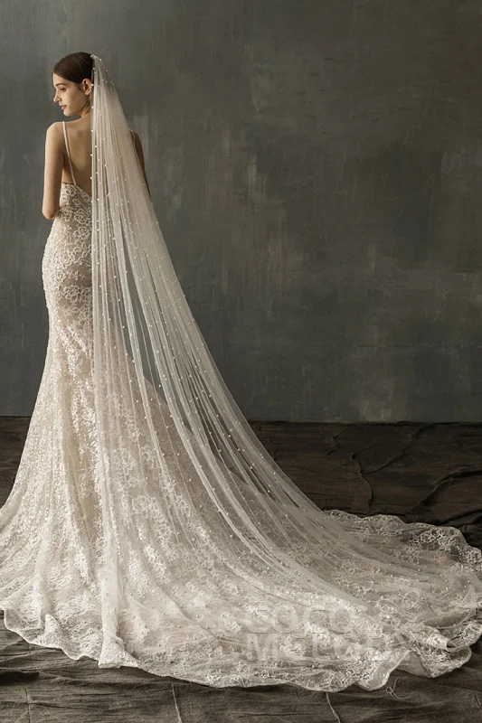 Elegant One-tier Cut Edge Tulle Chapel Veils Pearls CV0199 Tulle Party Gown
