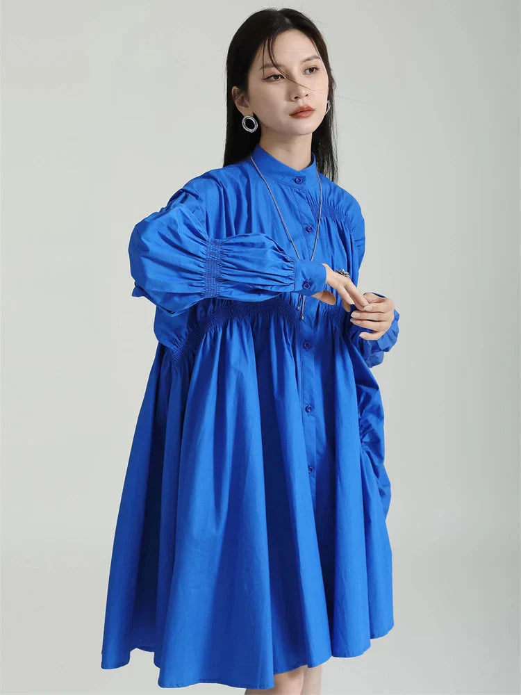 Hotaru Long Sleeve Pleated Shirt Dress - Blue Sexy Shirt Gown