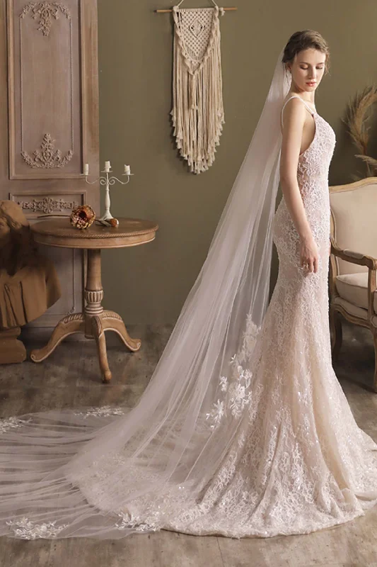 One-tier Cut Edge Tulle Cathedral Veils with Appliques CV0297 Tulle Dress Chic
