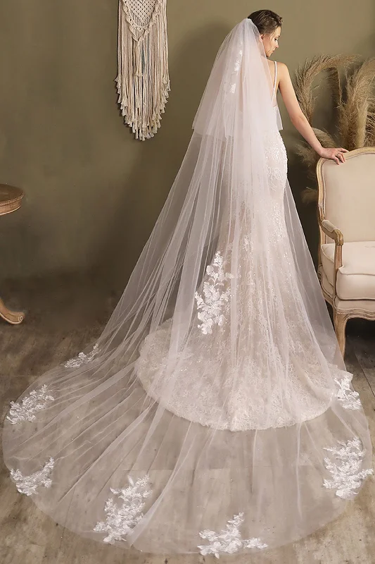 Two-tier Cut Edge Tulle Chapel Veils with Appliques CV0267 Tulle Evening Dress