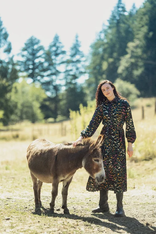 Half Pleat Shirtdress-Green Leopard Button-up Shirt Dress
