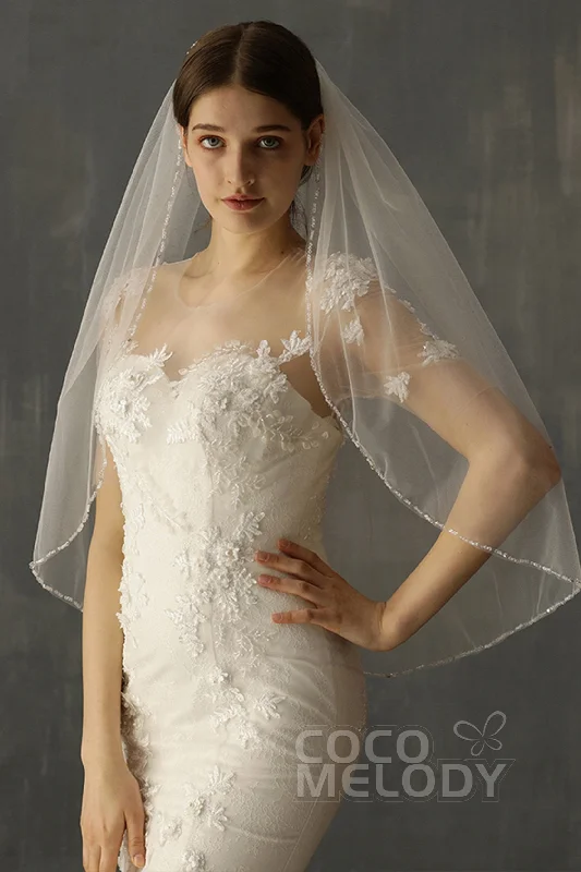 One-tier Beaded Edge Tulle Waist Veils with Beading CV0207 Tulle Dress Simple