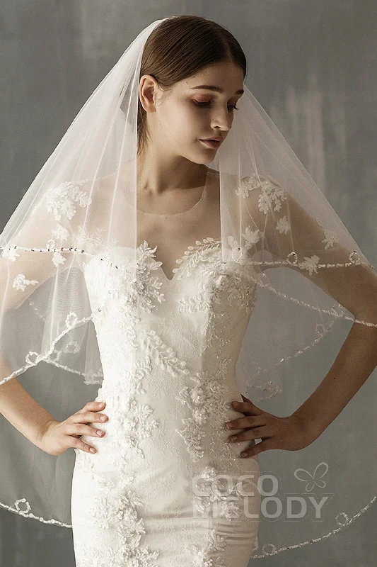 Two-tier Beaded Edge Tulle Hip Veils with Beading CV0224 Tulle Dress Sparkly