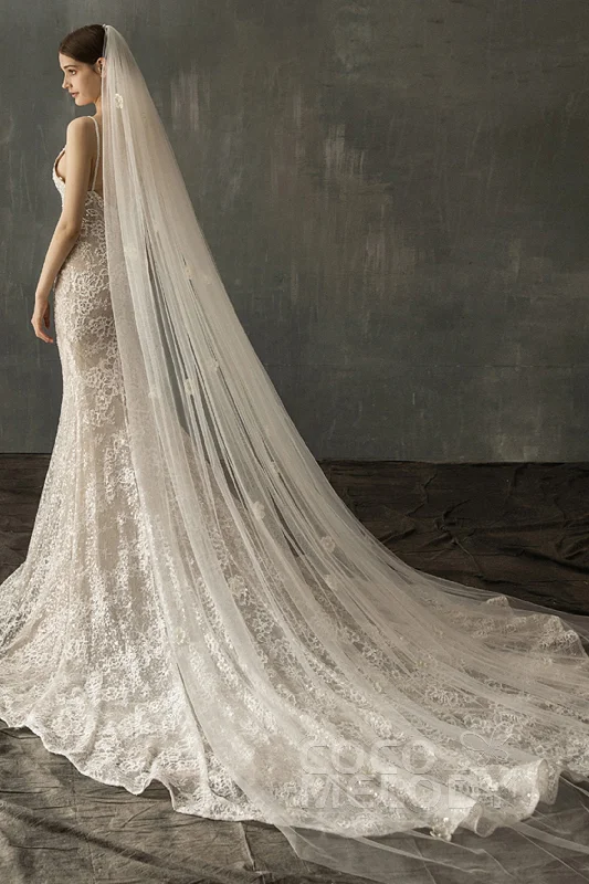One-tier Cut Edge Tulle Cathedral Veils with Flower CV0208 Tulle Dress Flow