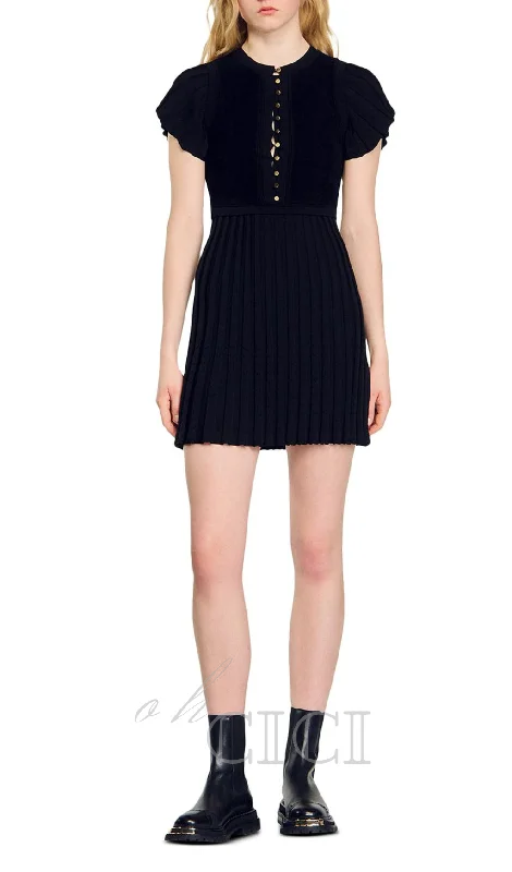 SHEILA BLACK UFFLED CUFFS KNIT MINI DRESS Denim mini dresses
