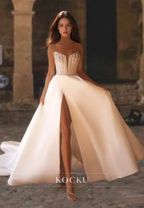 Classic&Simple Strapless A-Line Sleeveless High Split Train Satin Bridal Gowns with Beaded Wedding Dress Lace V-neck Dress Classic&Simple Strapless A-Line Sleeveless High Split Train Satin Bridal Gowns with Beaded Wedding Dress Lace V-neck Dress