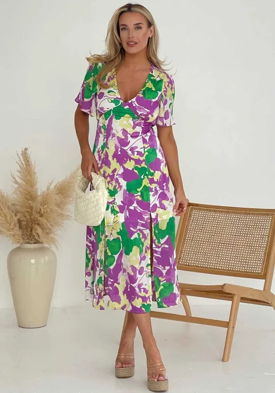 Girl in Mind Levi Angel Sleeve Split Leg Midi Dress, Purple Leather midi dresses