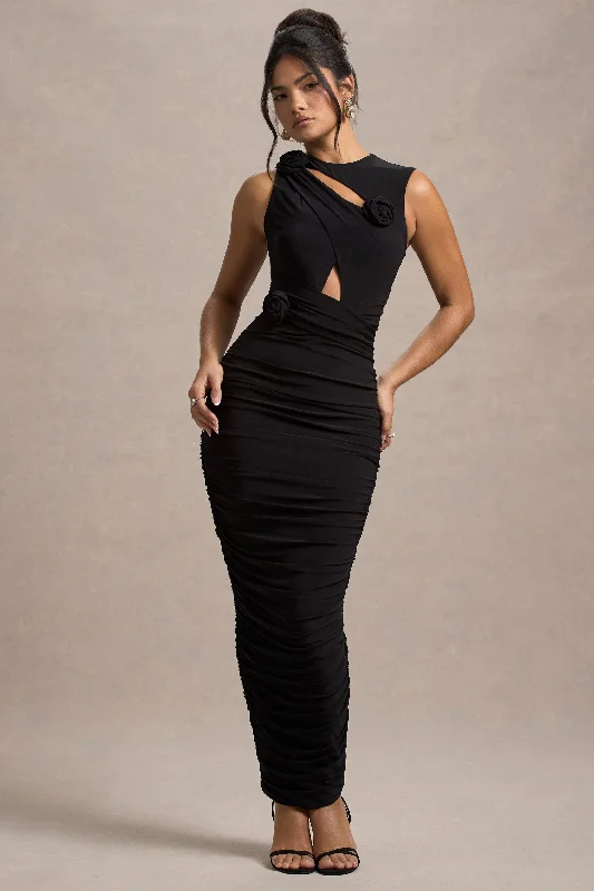 Audelia | Black Cut-Out Maxi Dress With Floral Corsages Denim maxi dresses