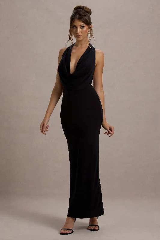 Edessa | Black Plunge-Neck Maxi Dress Satin maxi dresses