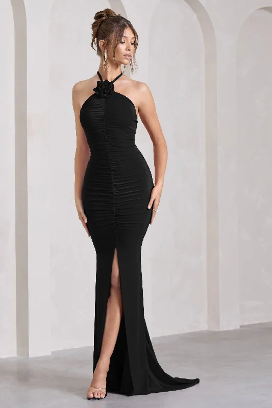 Holly | Black Ruched Halter-Neck Split Fishtail Maxi Dress Must-have maxi dresses for this season