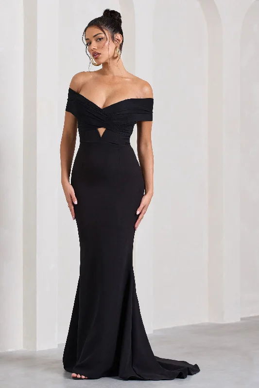 Inspiration | Black Sheer Bardot Fishtail Maxi Dress Tiered maxi dresses