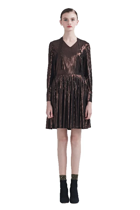 Glossy Collar Tucked Hem Dress - Brown Lace unclassified dresses