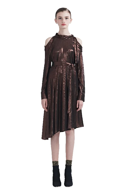 Smooth Off-Shoulder Slant Hem Dress - Brown Sleeveless unclassified dresses
