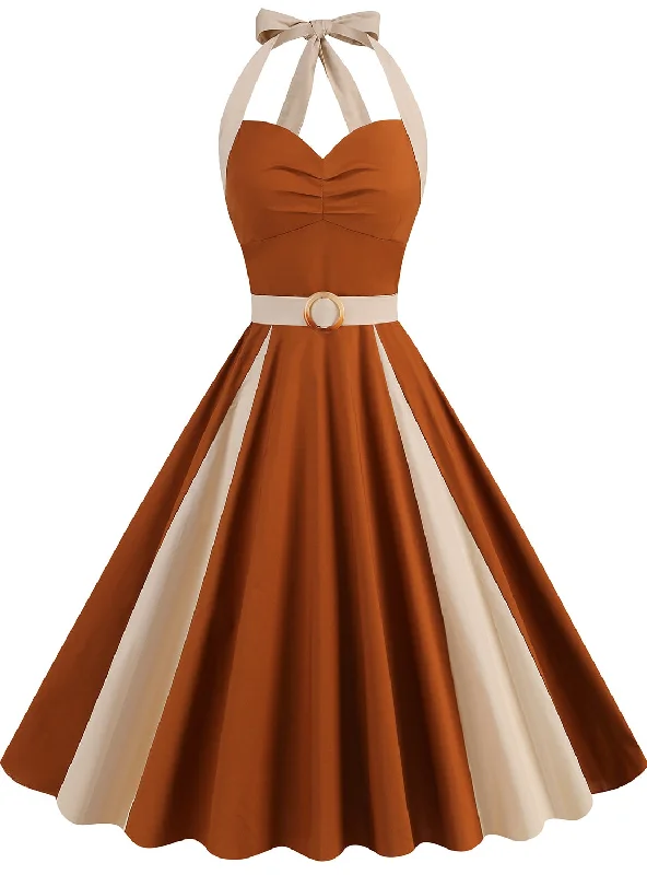 Retro Stitching Halter Big Swing Dress Flowy unclassified dresses