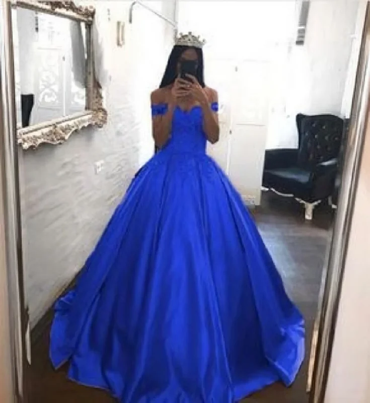 Royal Blue Prom Dresses Satin,Off the Shoulder Appliqued Quinceanera Dresses Sweep Train Minimalist unclassified dresses