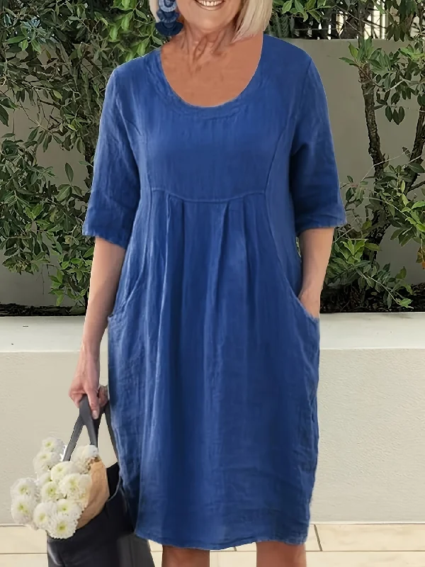 Solid With Pocket Loose Dress, Vacation Half Sleeve Crew Neck Dress Stylish unclassified dresses