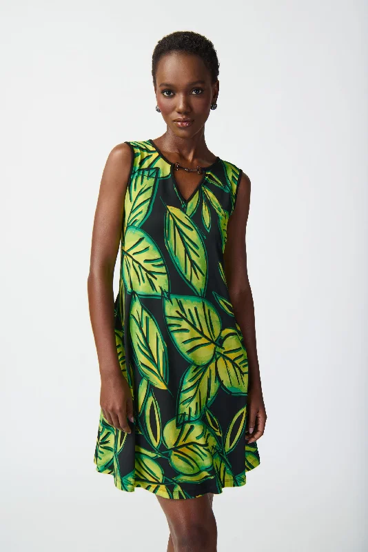 Tropical Print Silky Knit A-Line Dress Ruffled floral dresses