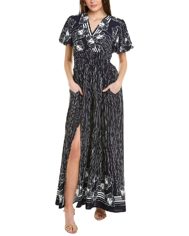 Gracia Lines & Flower Print V-Wrap Maxi Dress Summer Beach Maxi
