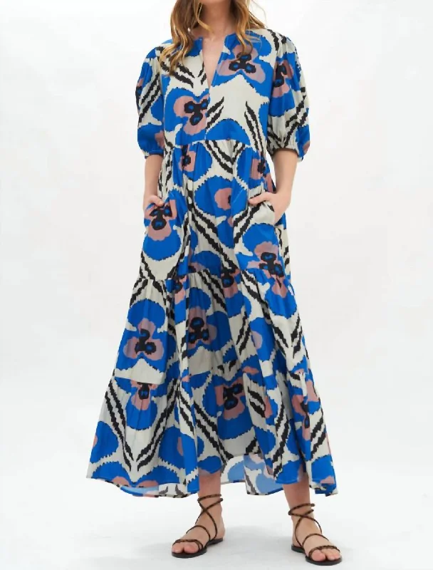 Puff Sleeve Maxi Dress In Patola/cobalt Slim-fit Maxi Skirt