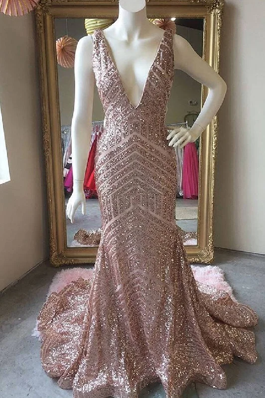 Deep V-Neck Mermaid Rose Gold Sequins Long Prom Dress V-neck Sequin Dress