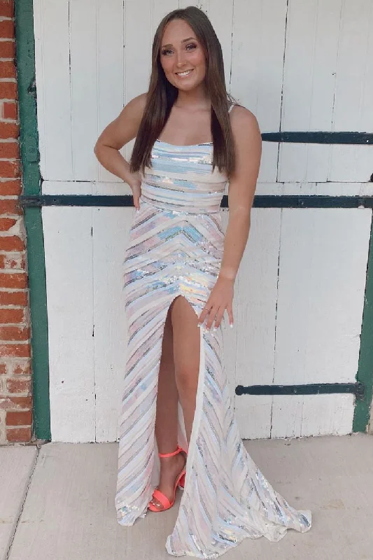 Spaghetti Straps Sequins Long Prom Dress with High Slit Sequin Maxi Dress