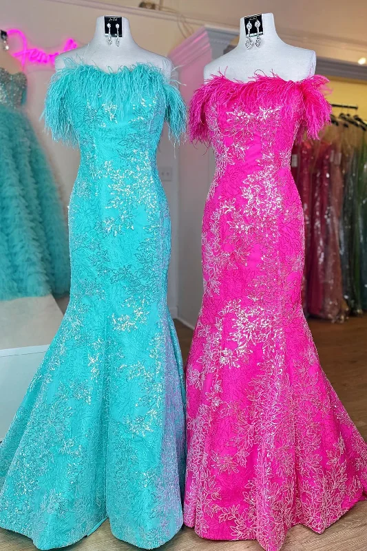 Strapless Sequins-Embroidered Mermaid Prom Dress with Feathers Sequin A-line Dress